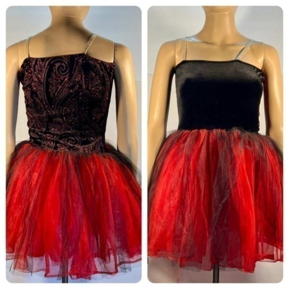 ALGY GIRLS DANCE/PROM/PAGEANT DRESS RED BLACK AND GOLD SIZE MC (10/12)